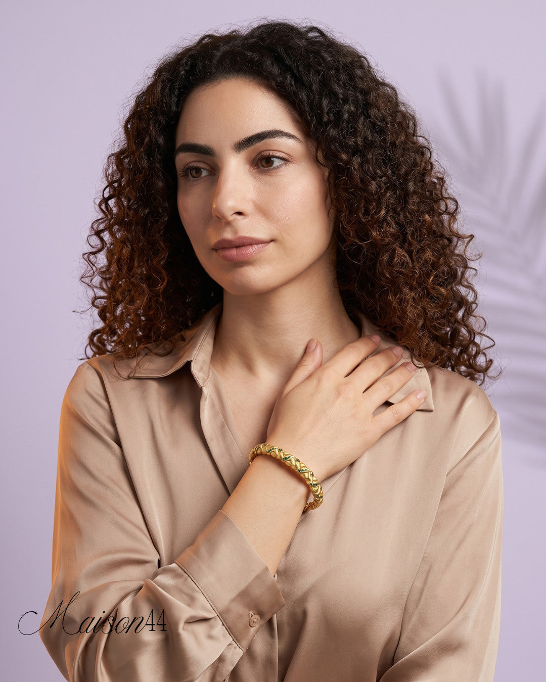 Braided Gold Bangle, Green Crystals