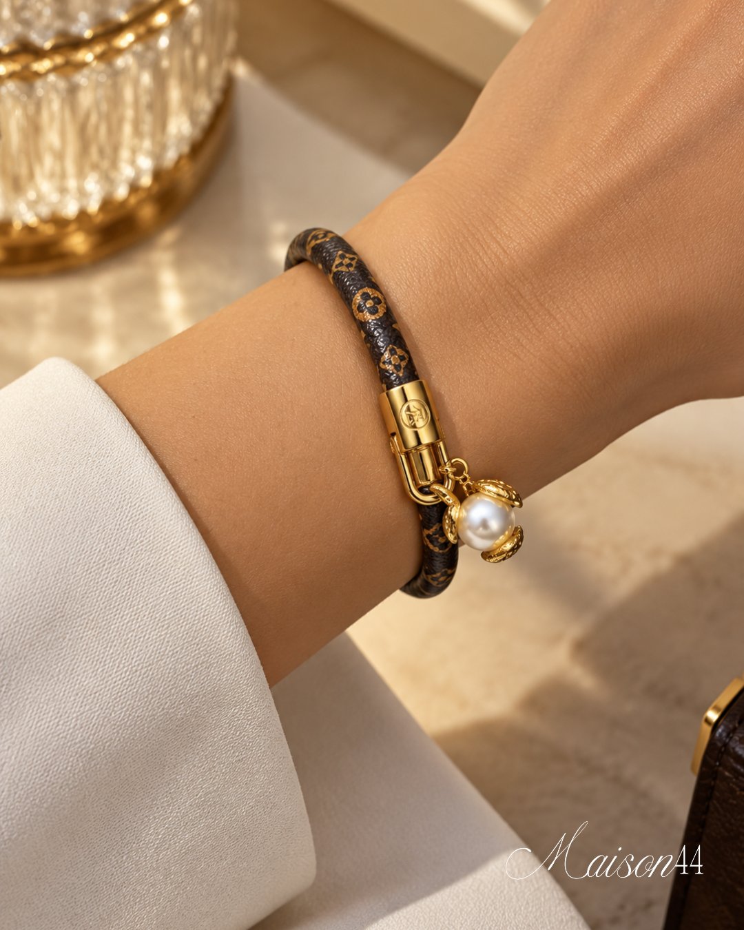 Brown Printed Bracelet, Pearl Charm
