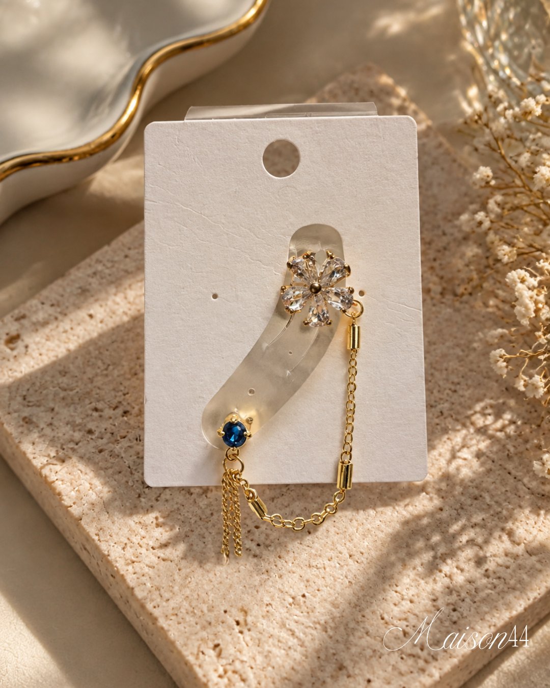 Crystal Flower Ear Climber, Chain &amp; Blue Stone