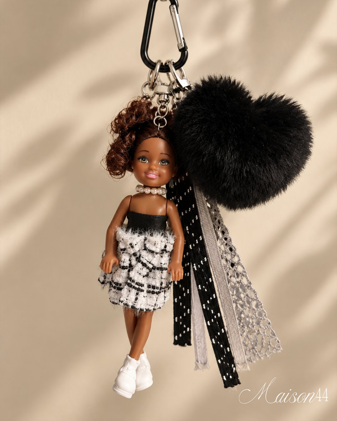 Doll Bag Charm, Black Pom-Pom Heart