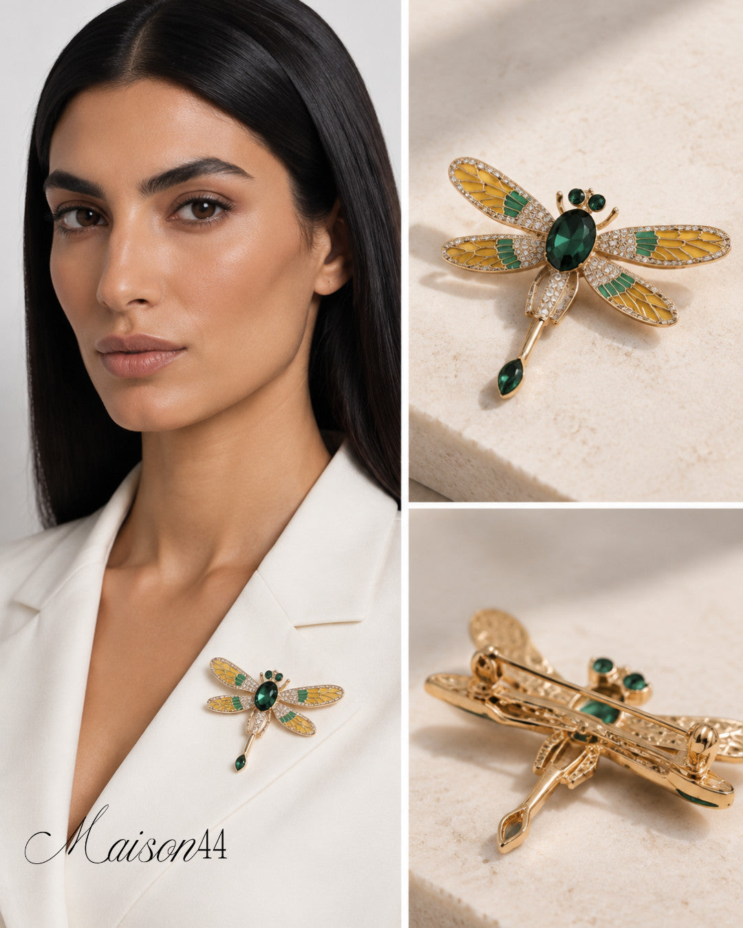 Enamel Dragonfly Brooch, Green Stone