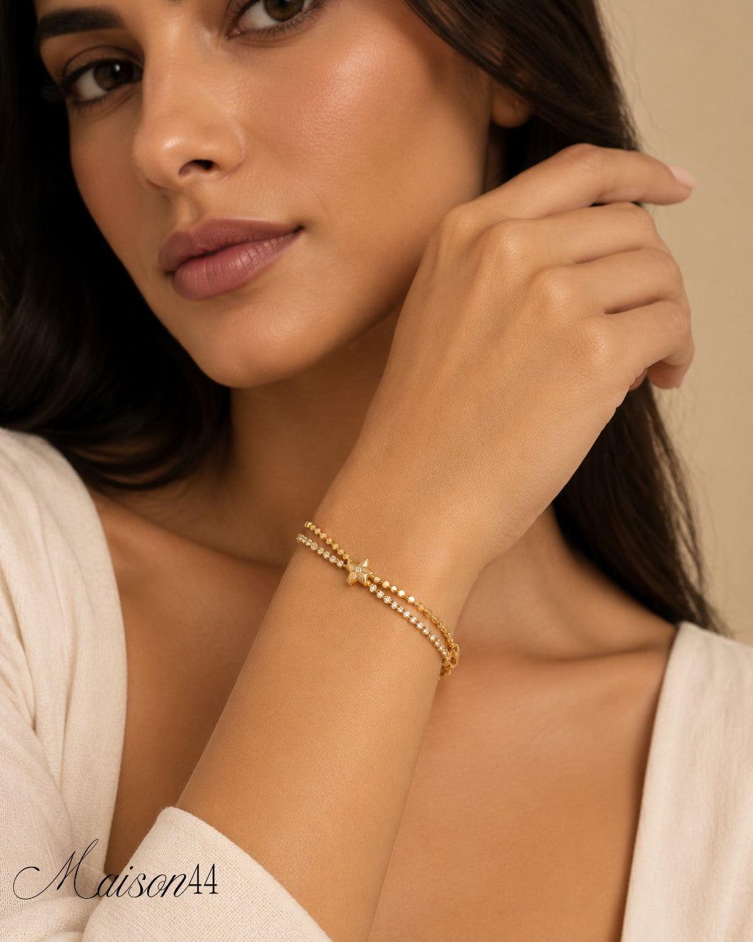 Gold Beaded Bracelet, Star Charm