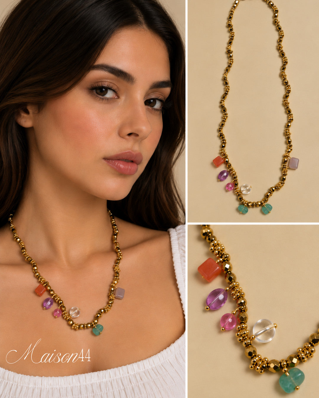 Gold Beaded Necklace, Mixed Stones
