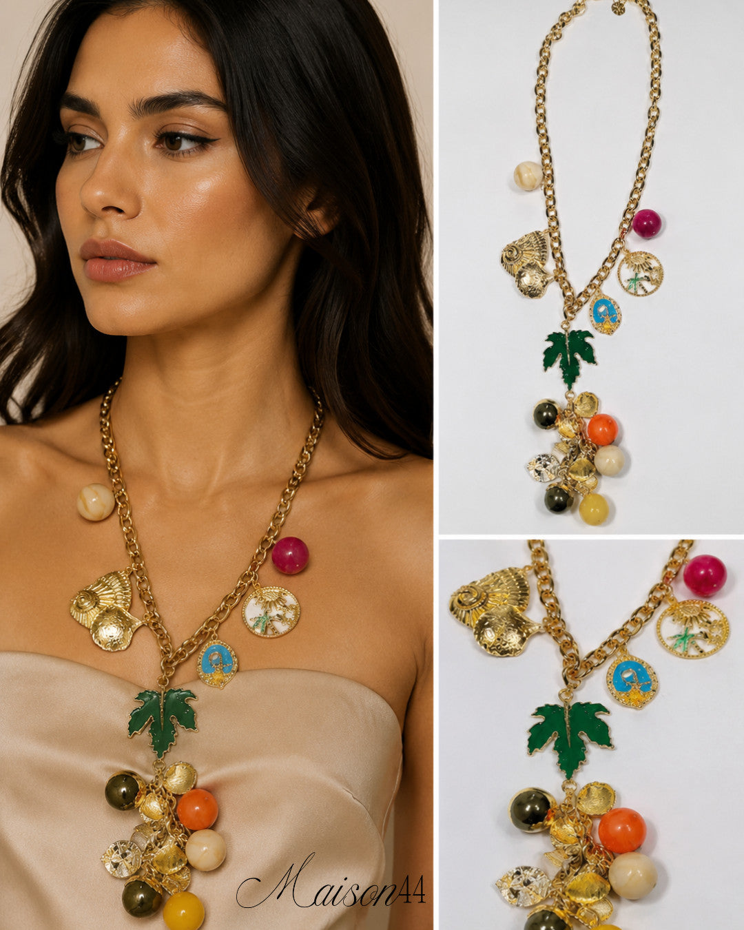 Gold Charm Necklace, Palm &amp; Fruit