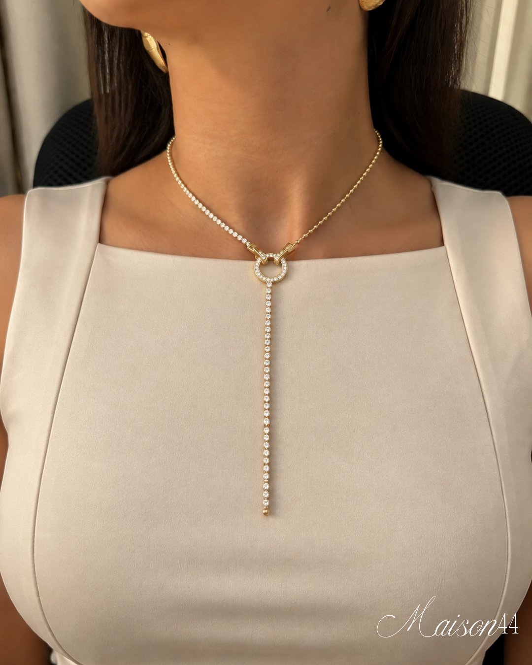 Gold Crystal Circle Y-Necklace