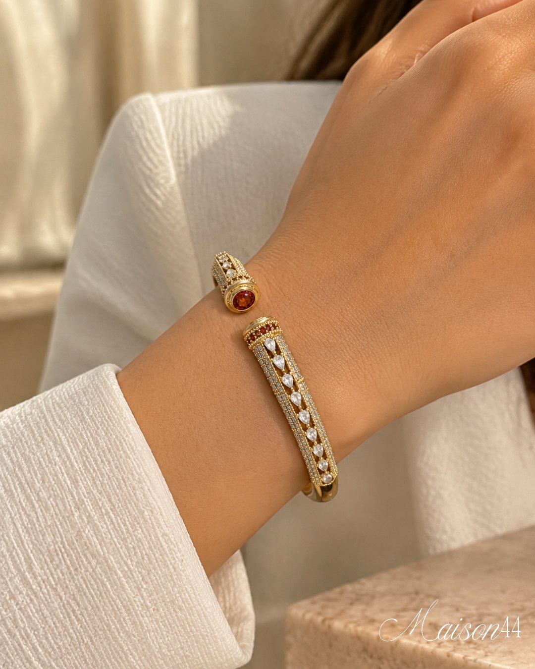 Gold Crystal Open Cuff, Red Stones