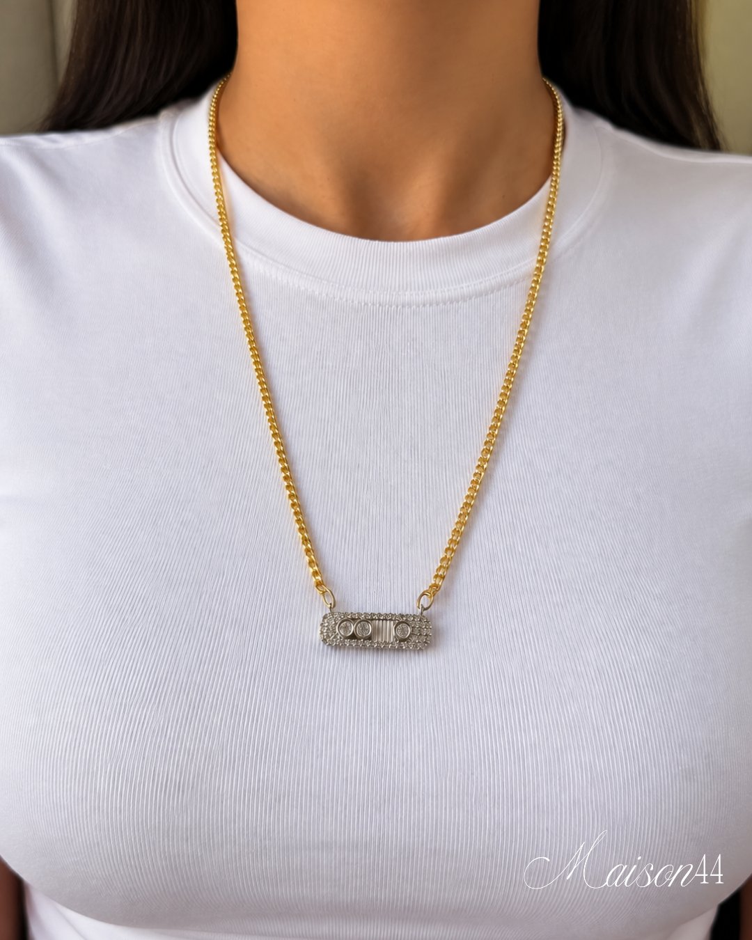 Gold Curb Chain Necklace, Pavé Bar