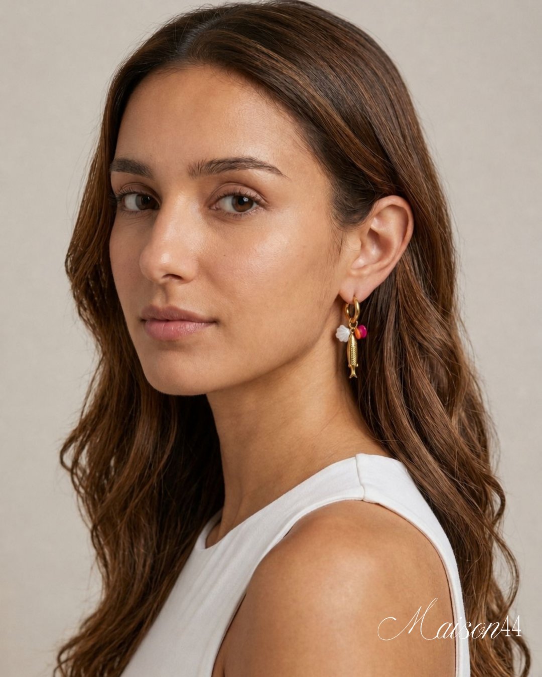 Gold Fish &amp; Shell Charm Hoop Earrings