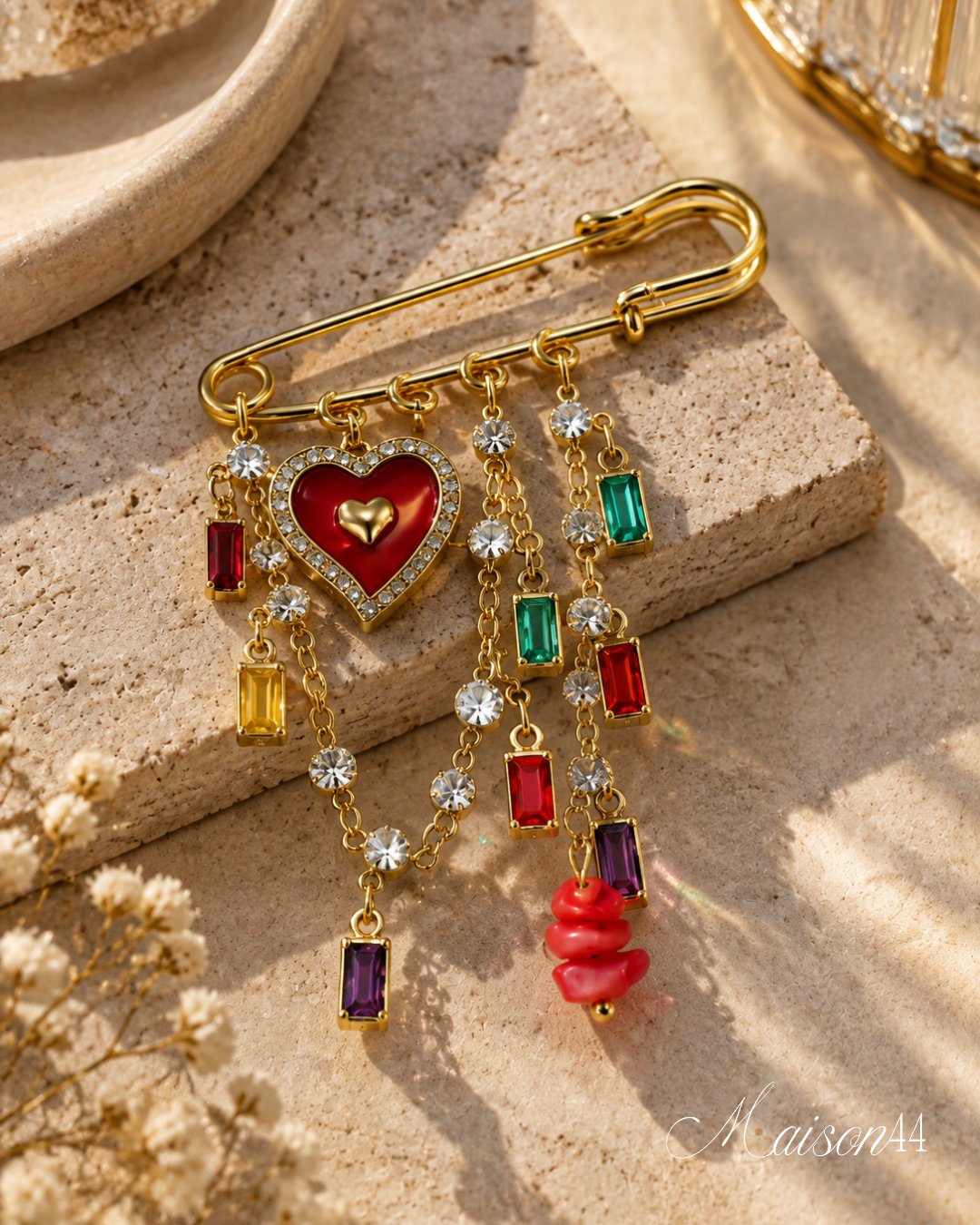 Gold Heart Brooch, Jewel Drops