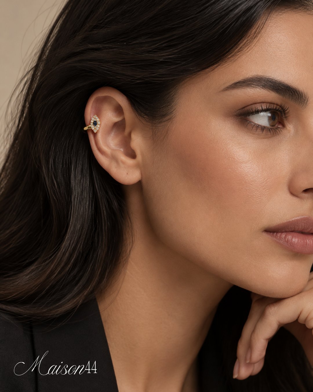 Gold Marquise Ear Cuff, Blue Stone