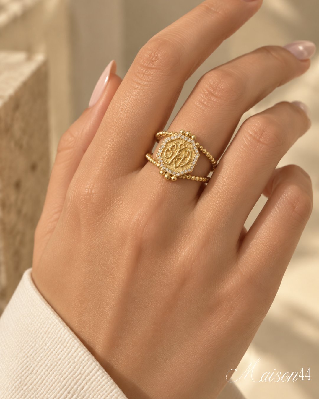 Gold Octagon Monogram Ring, Beaded Band