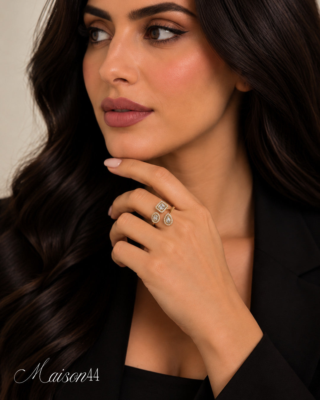 Gold Open Ring, Square &amp; Pear Halo