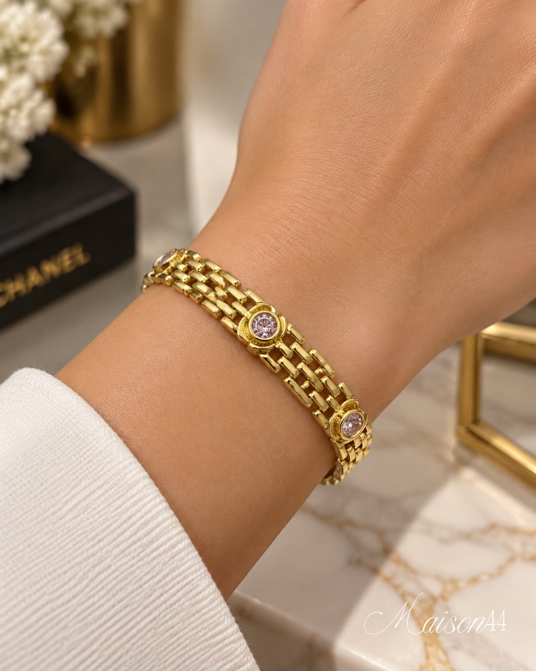 Gold Panther-Link Bracelet, Pink Stones