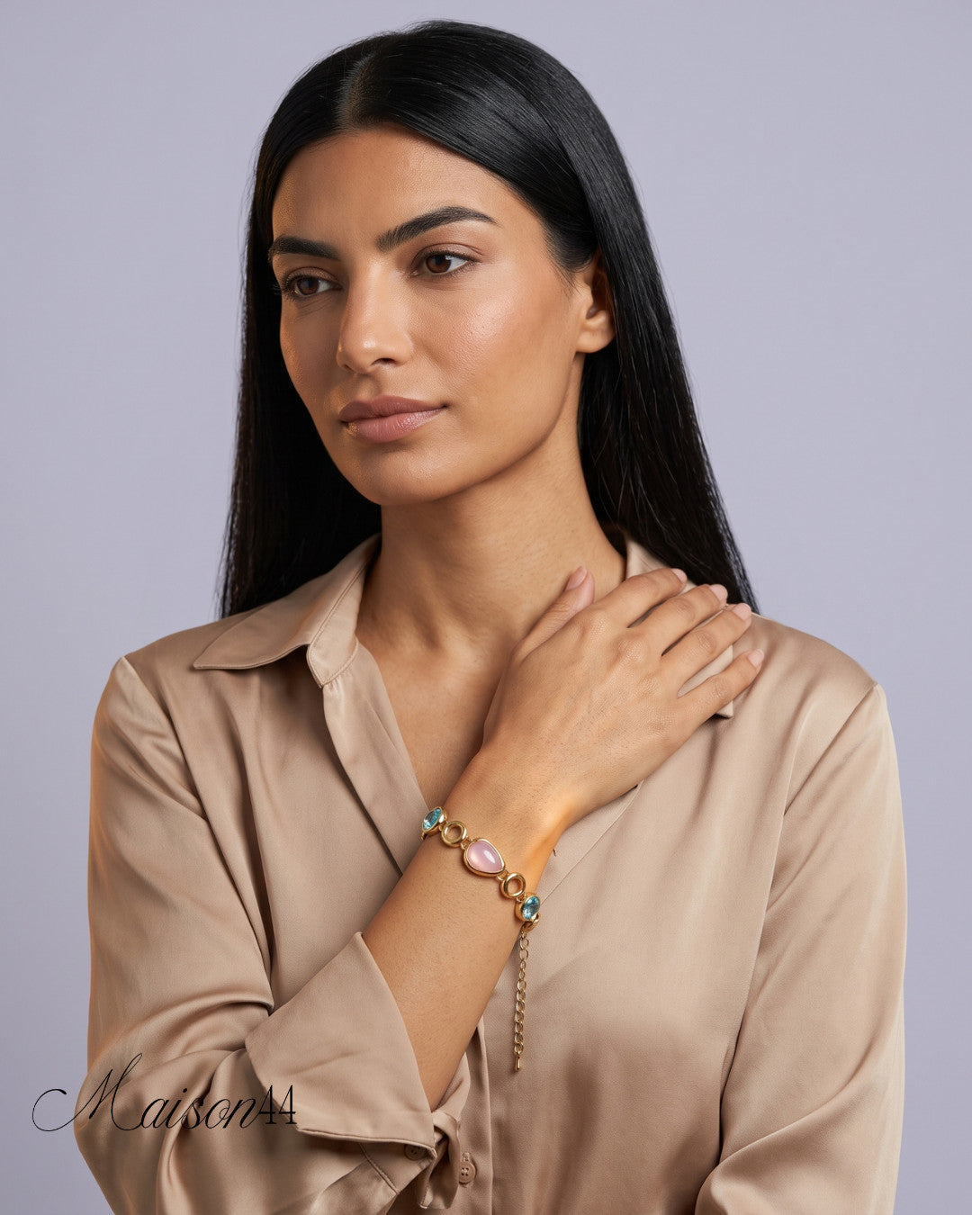 Gold Pink Oval Stone Link Bracelet