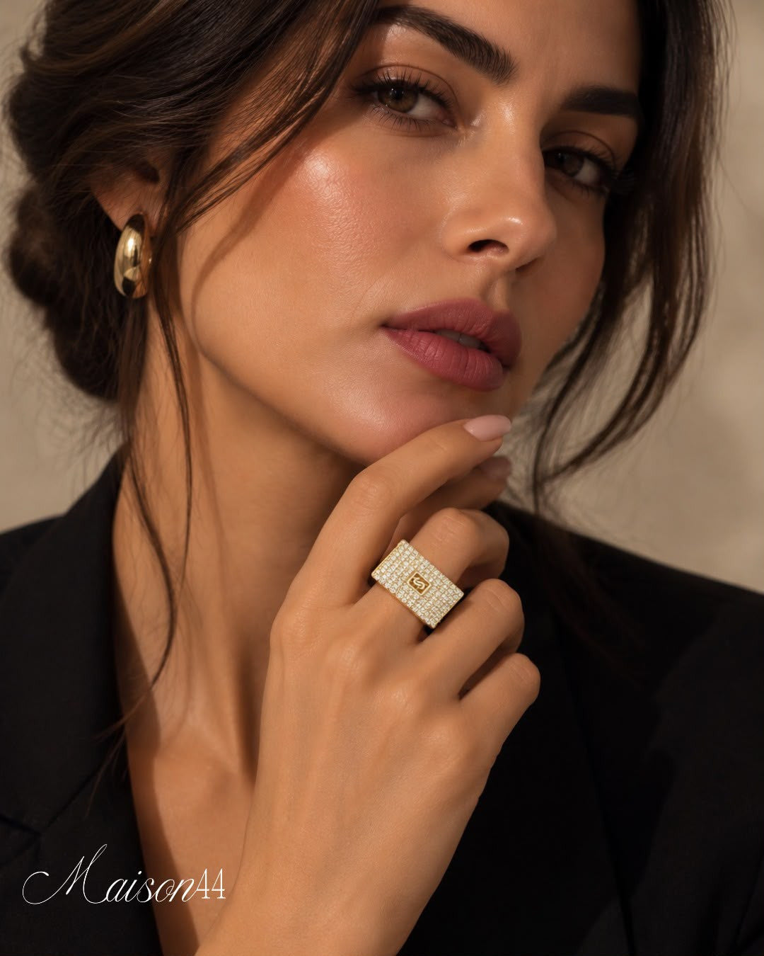 Gold Rectangular Pavé Ring