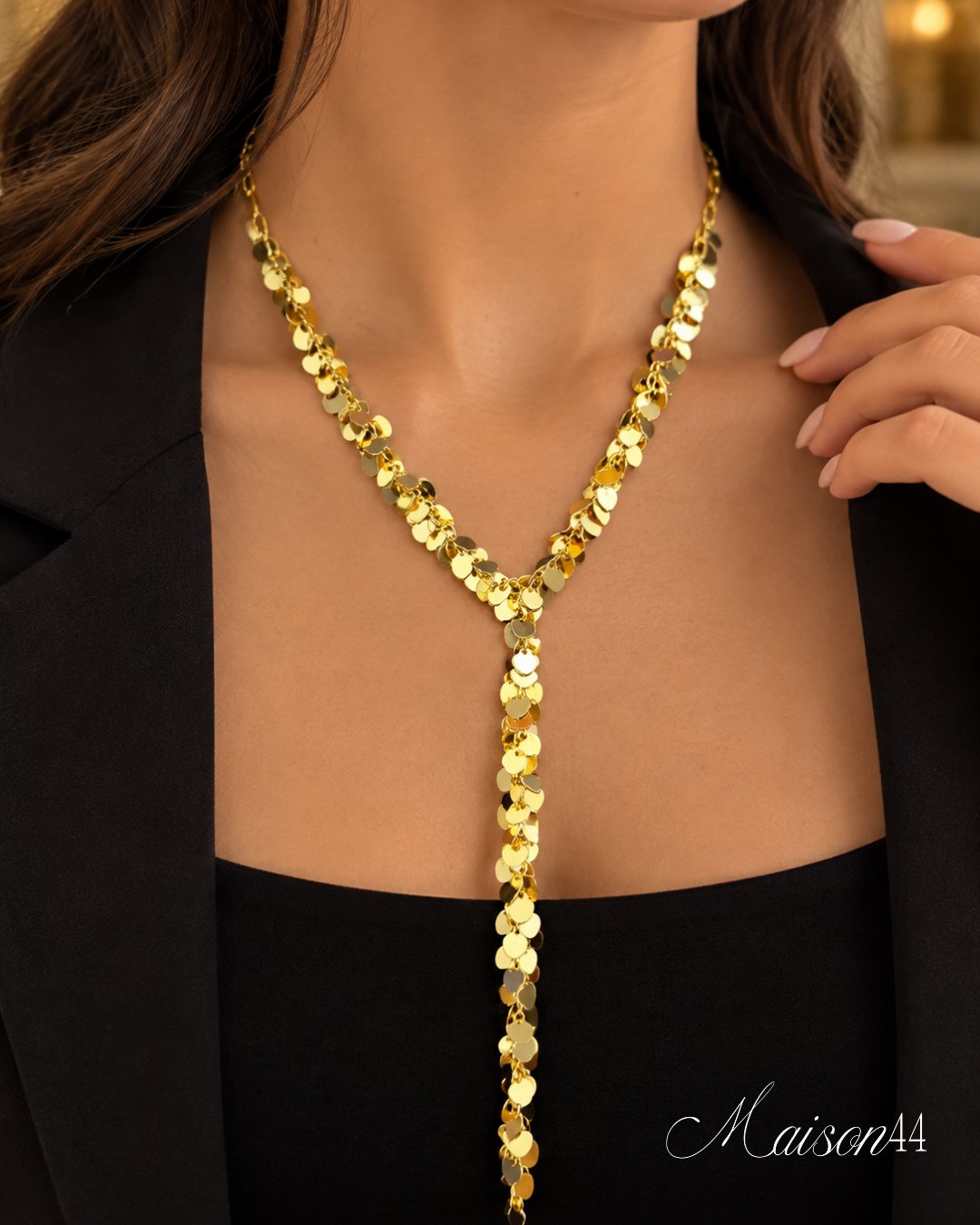 Gold Sequin Cluster Lariat Necklace
