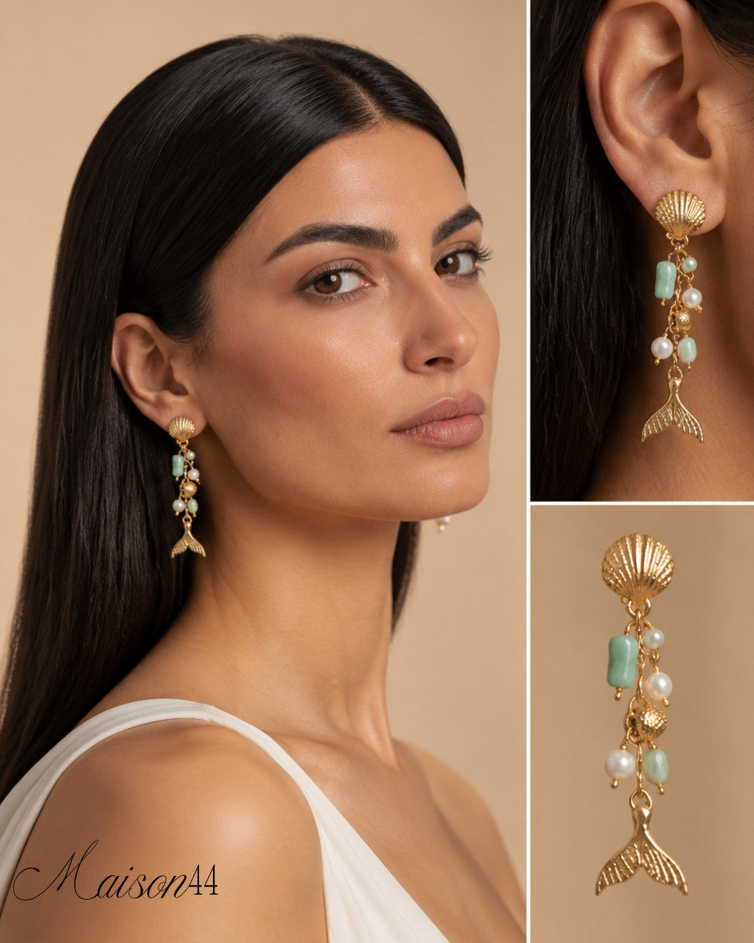 Gold Shell Drop Earrings, Fish Tail