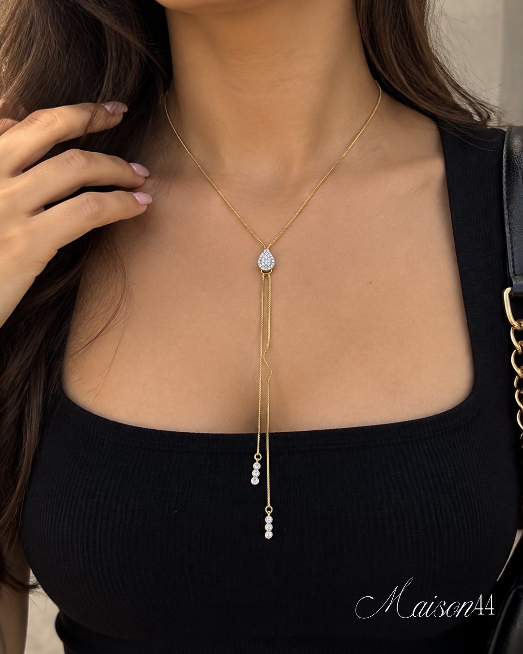 Gold Snake Chain Lariat, Pavé Pear Slider