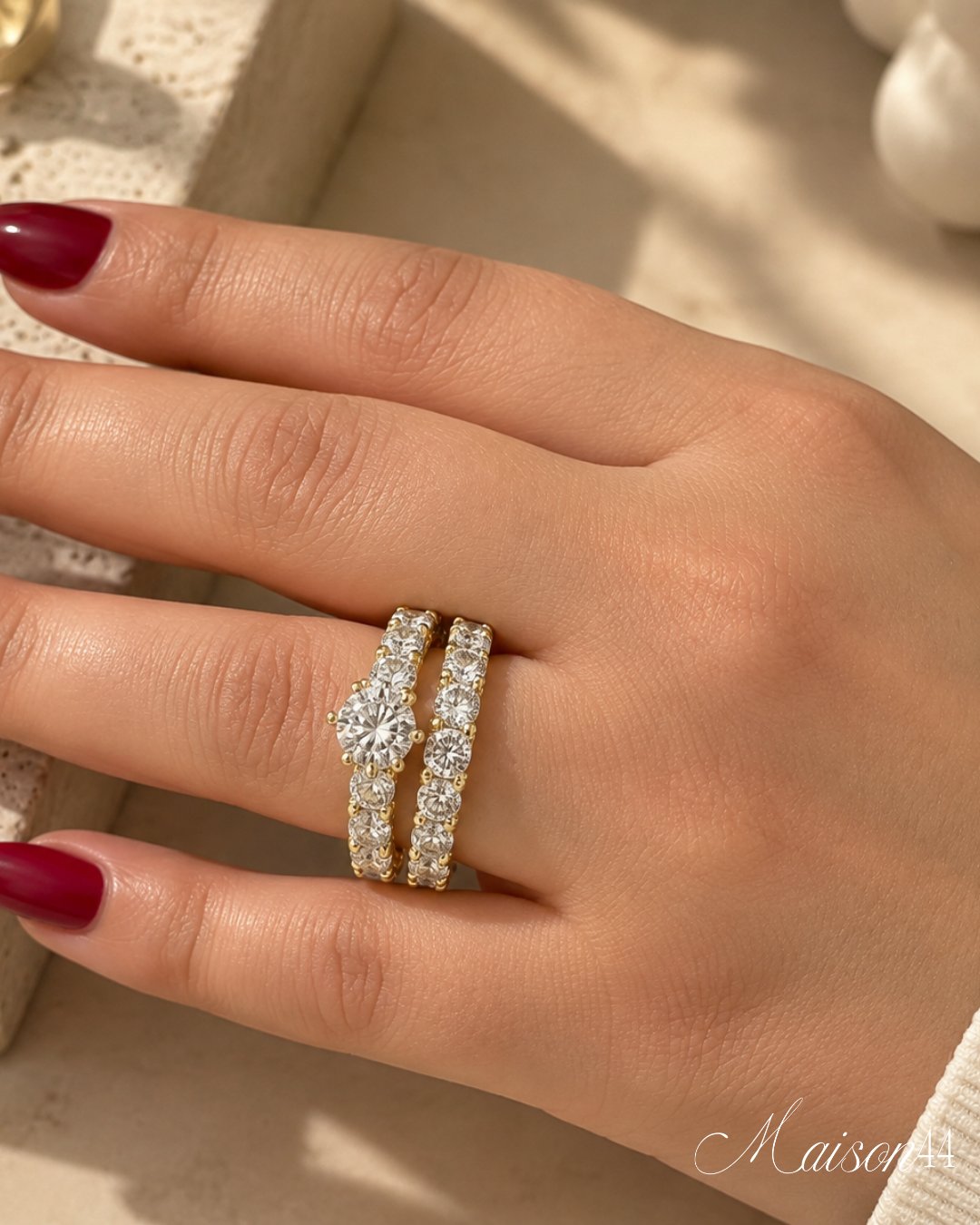 Gold Solitaire Ring &amp; Eternity Band Set