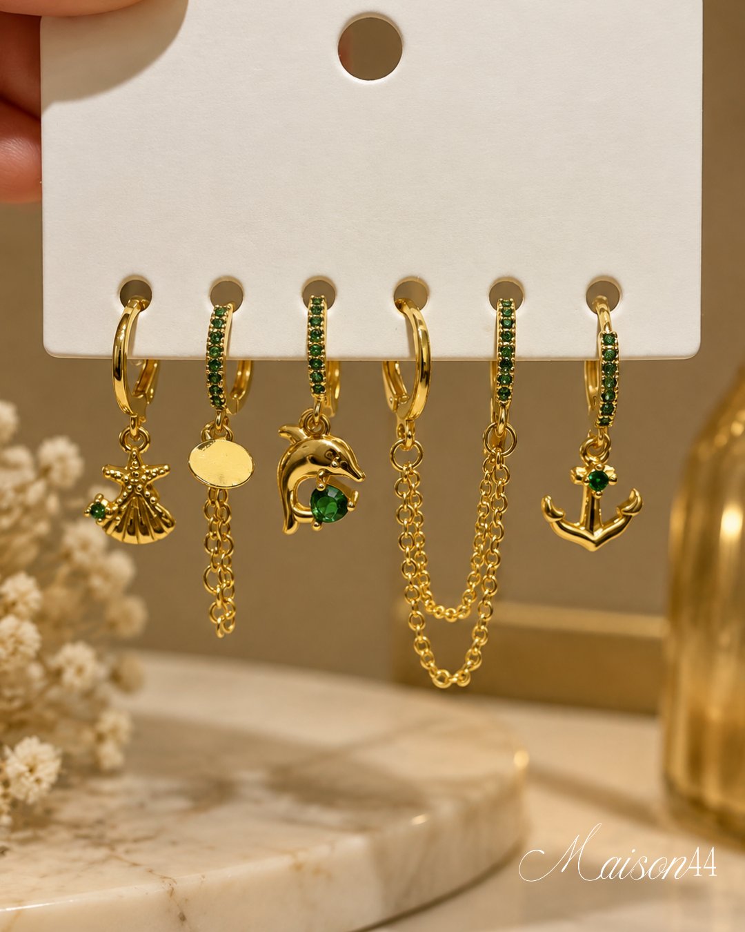 Green Crystal Sea Charm Huggie Set