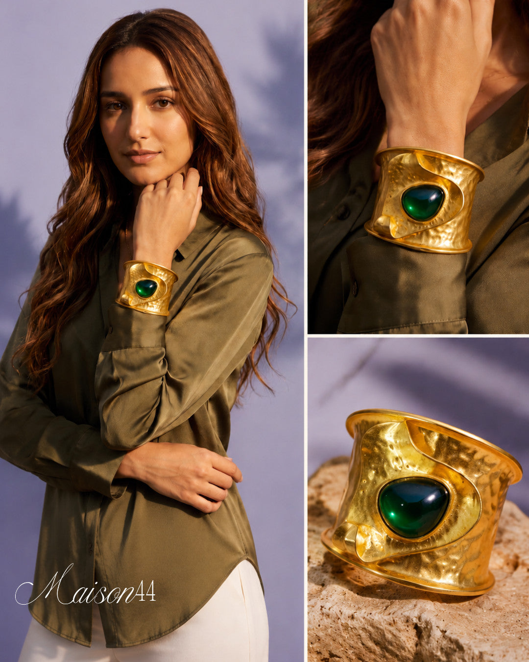 Hammered Gold Cuff, Green Stone