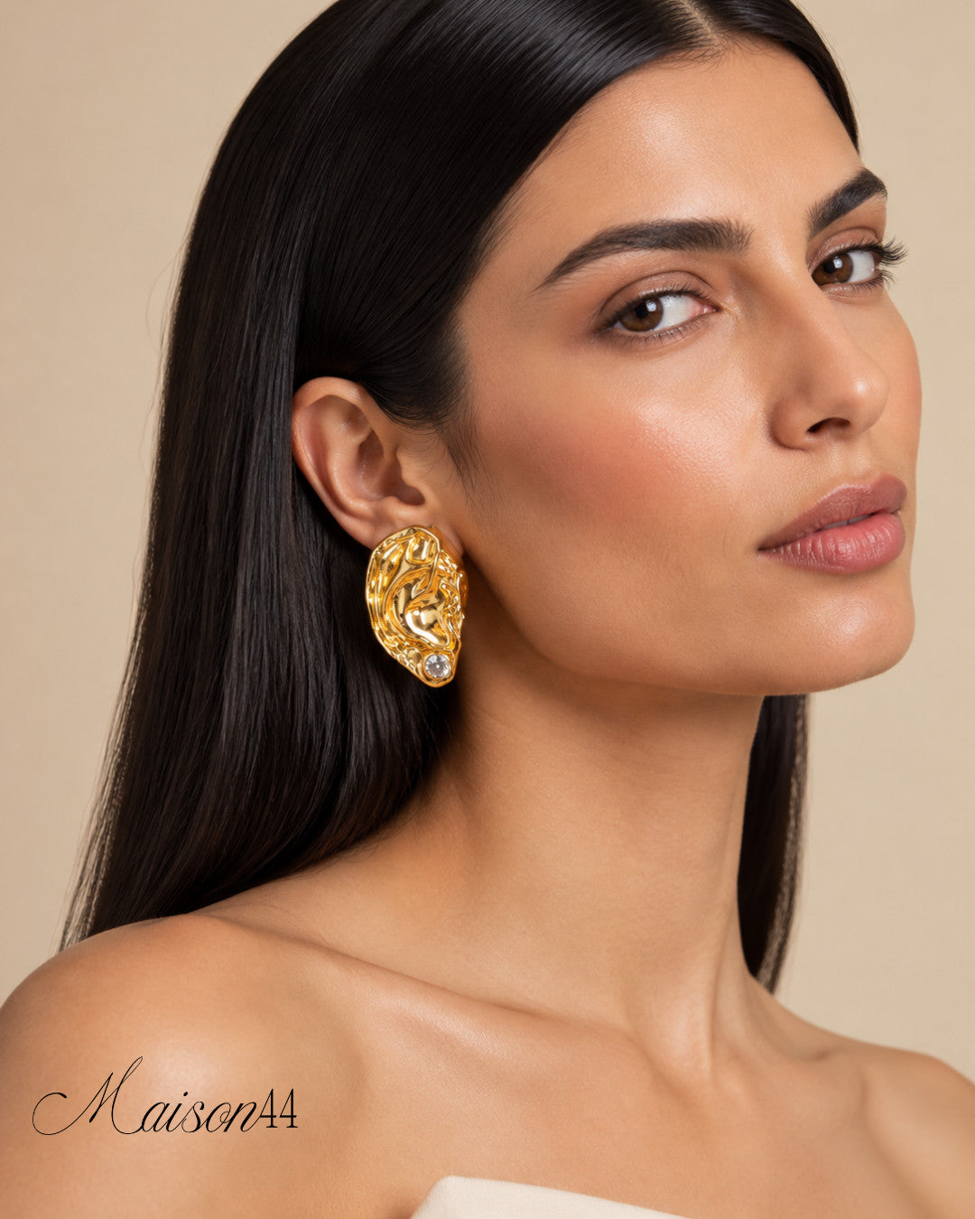 Hammered Gold Statement Earrings, Crystal