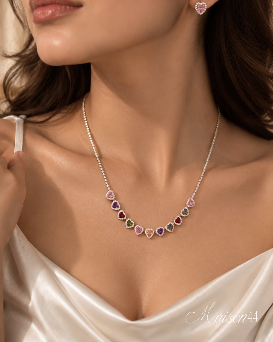 Multicolour Heart Necklace &amp; Earrings Set