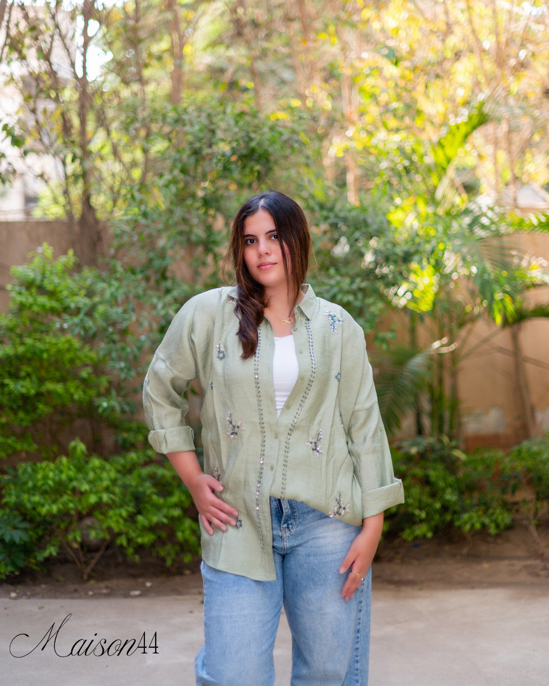 Olive Green Chemise with Greenery Pattern