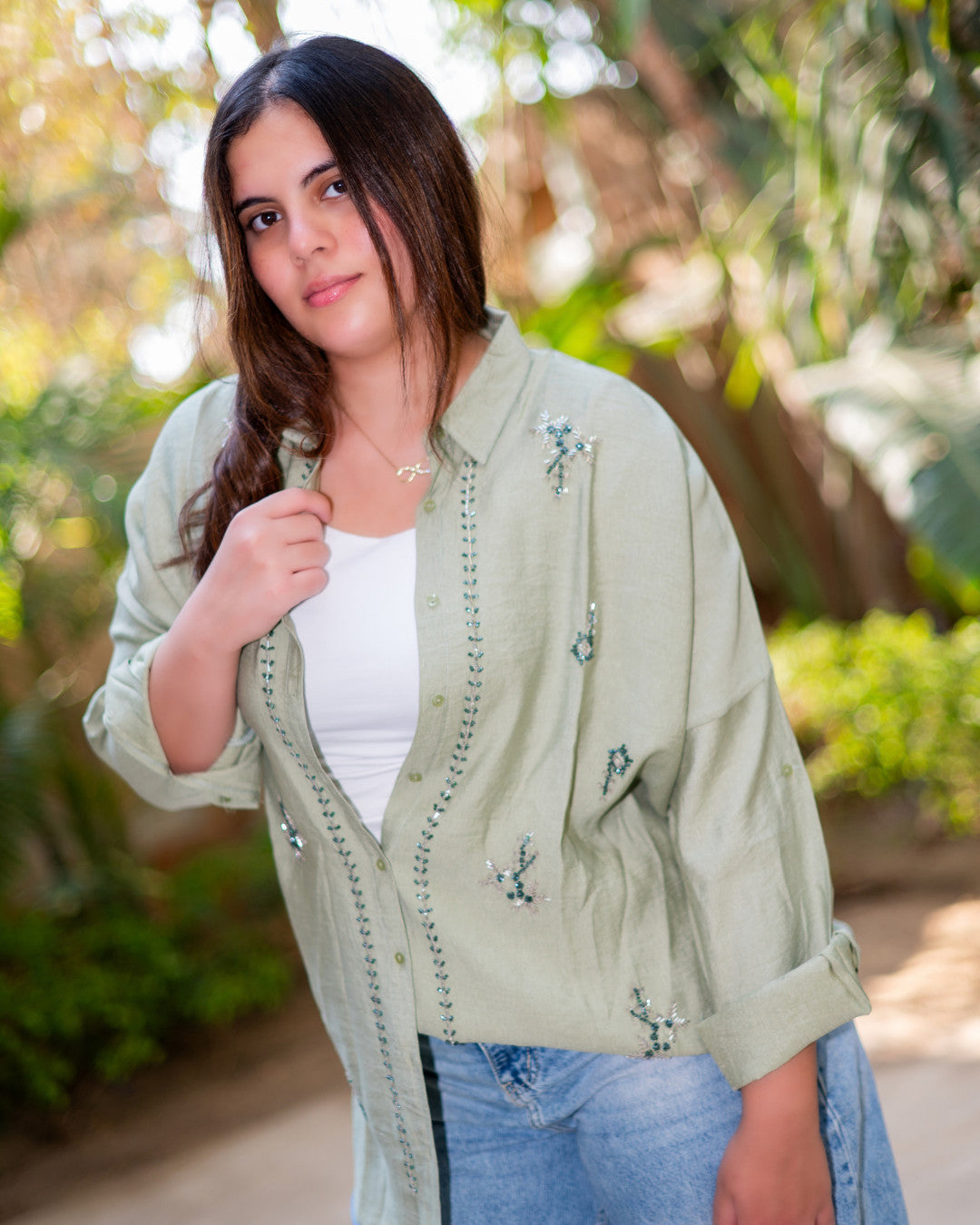 Olive Green Chemise with Greenery Pattern