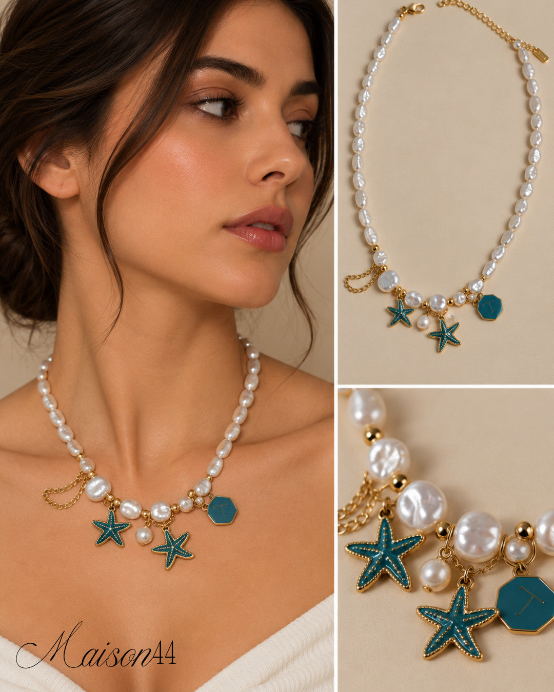 Pearl Necklace with Starfish Charms
