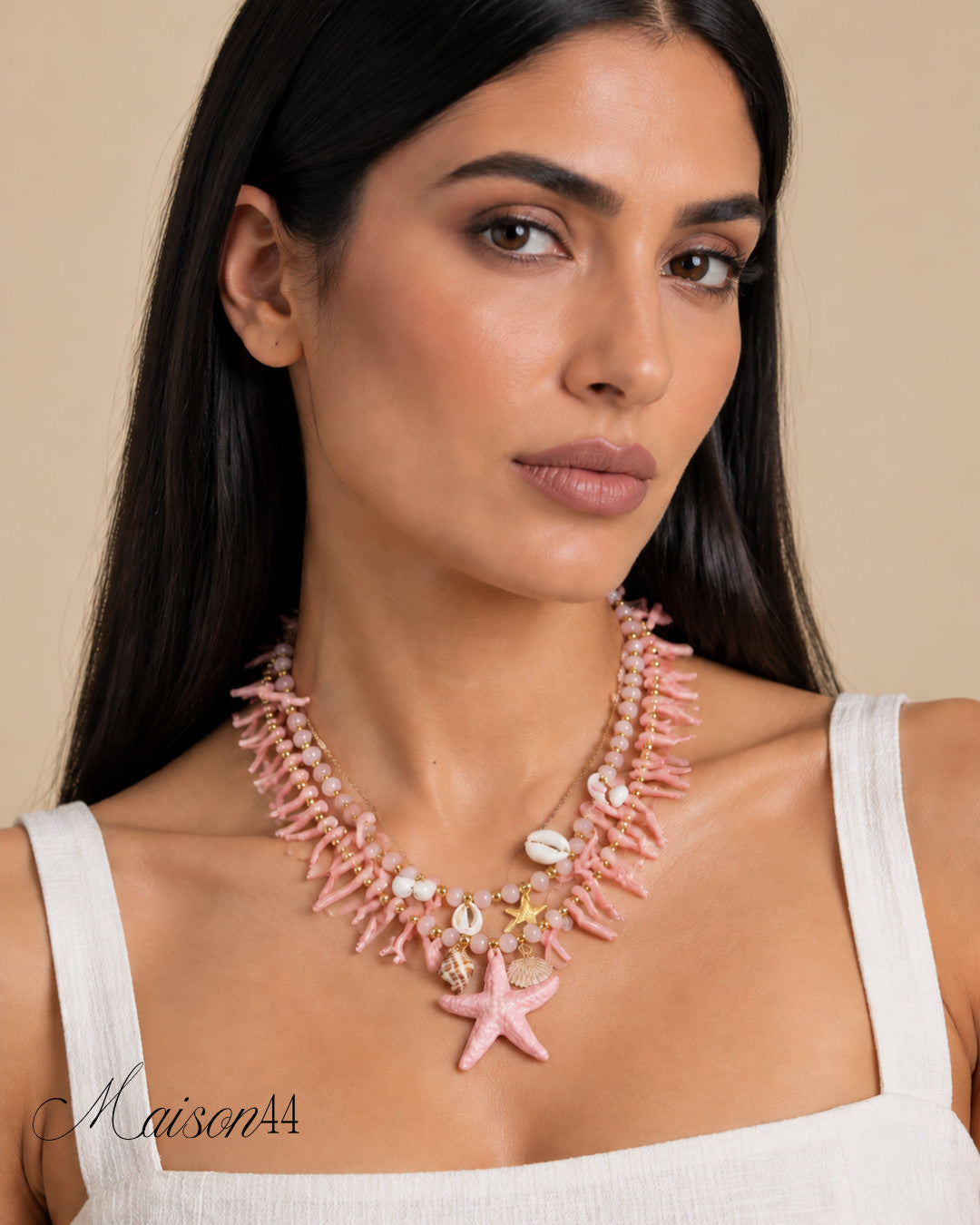 Pink Coral Statement Necklace, Starfish & Shells