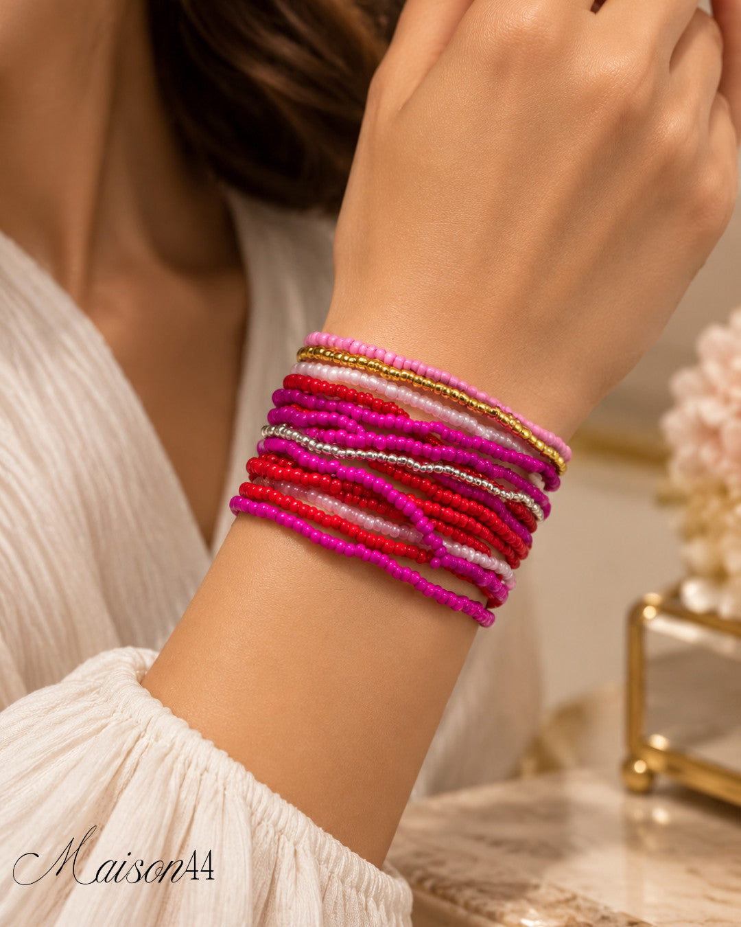 Pink &amp; Red Seed Bead Bracelet Stack