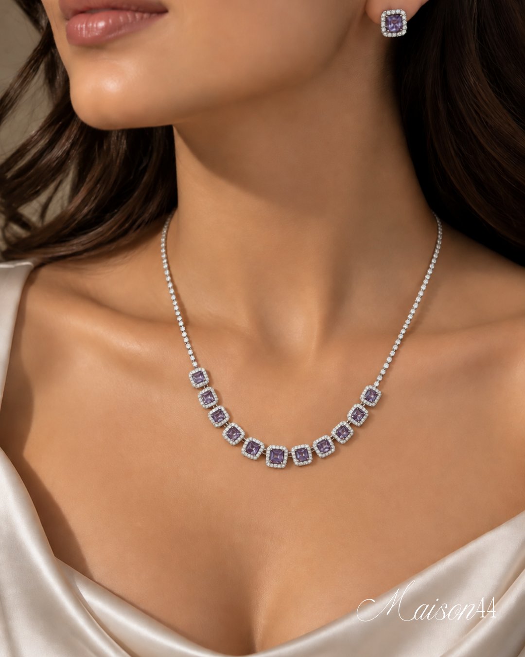 Purple Square-Stone Necklace &amp; Earrings Set