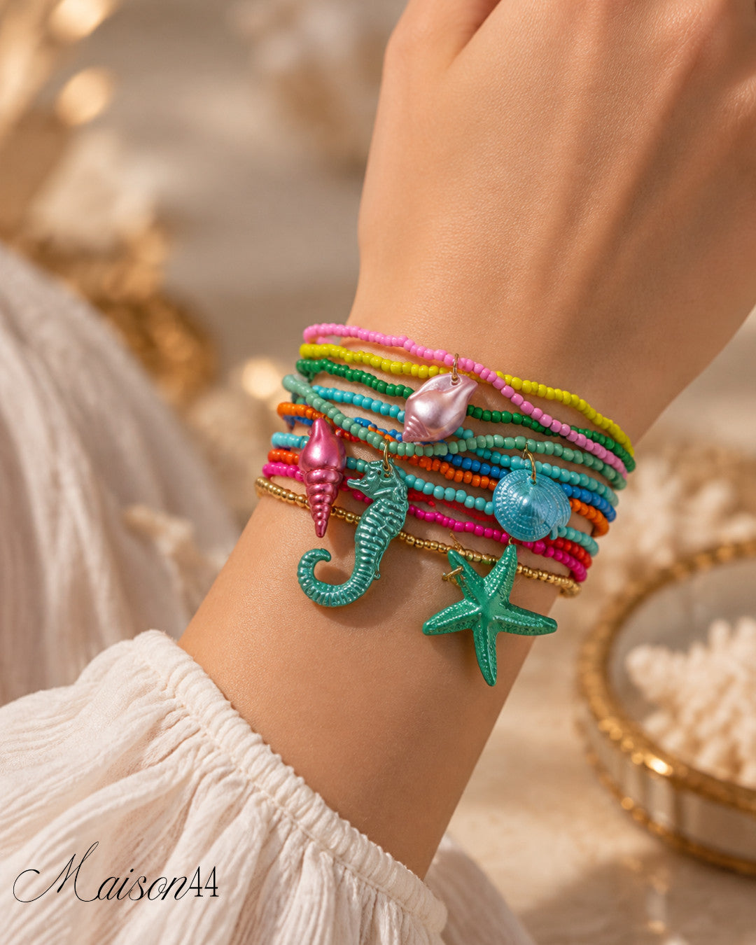 Rainbow Seed Bead Bracelet Stack, Sea Charms
