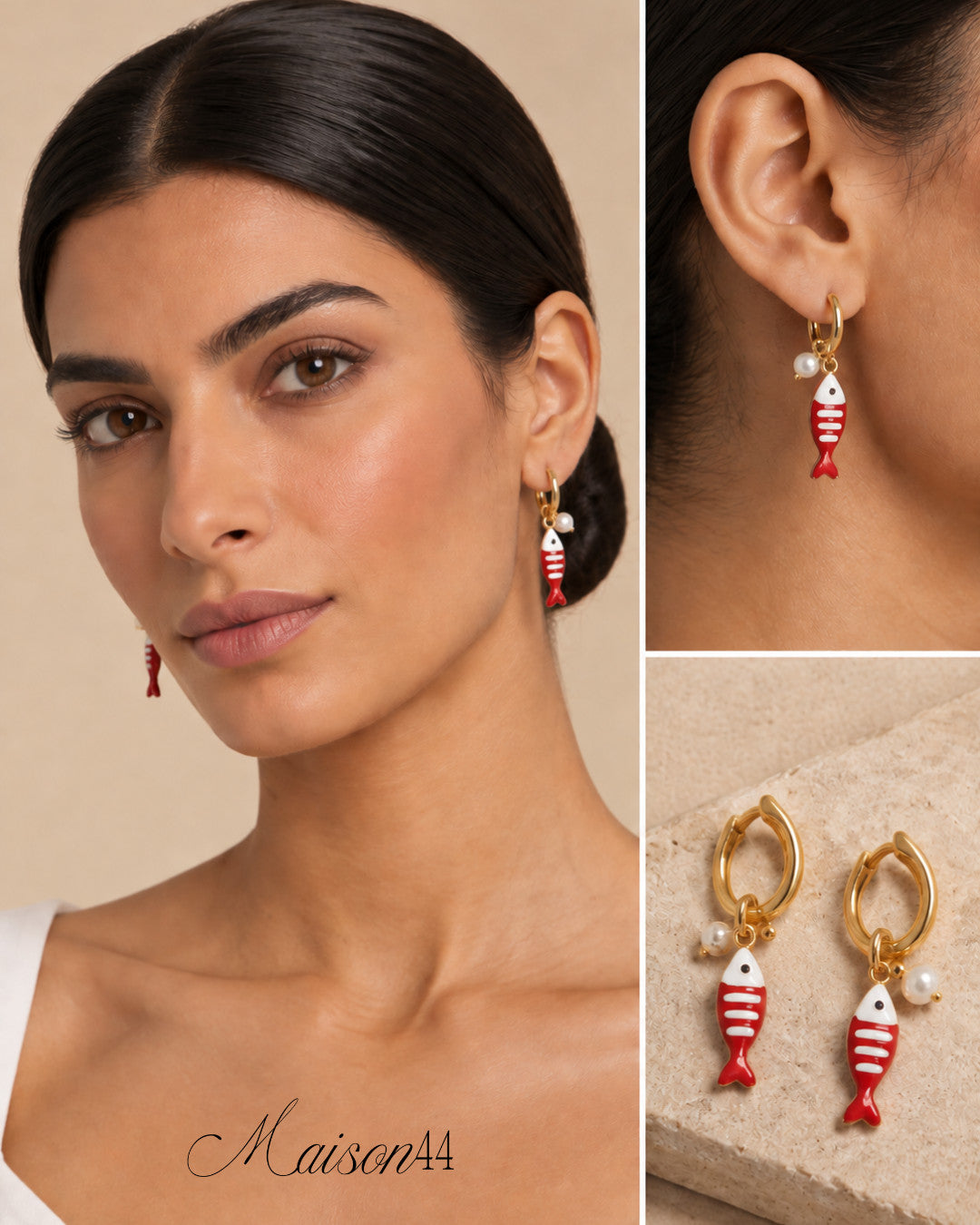 Red Striped Fish Charm Hoop Earrings