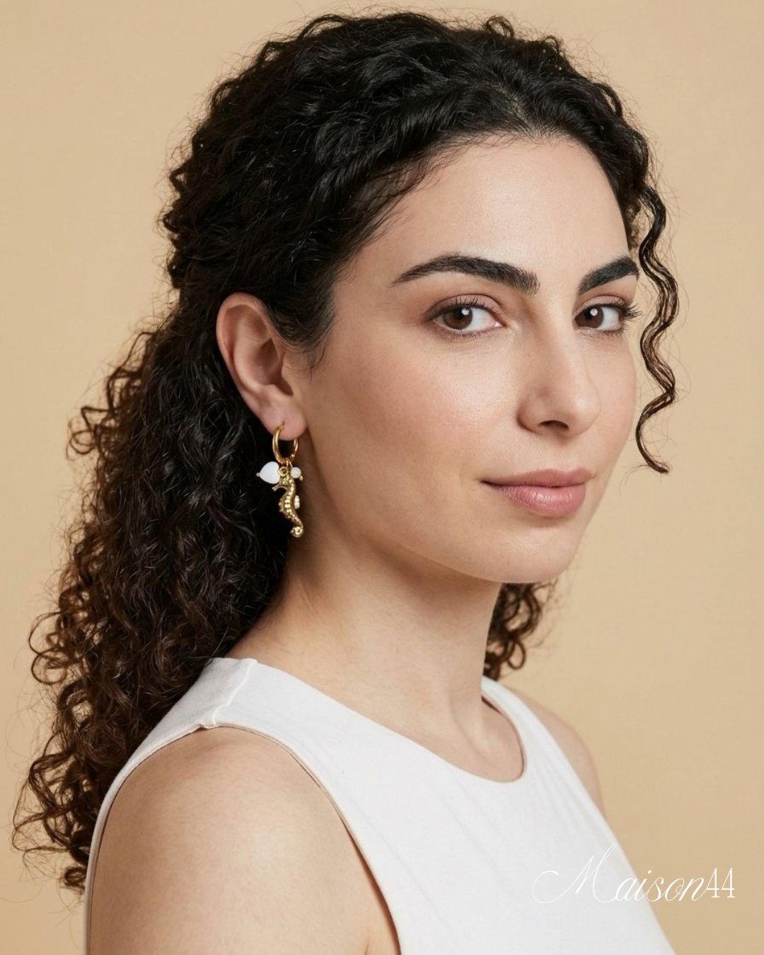 Seahorse &amp; Heart Charm Hoop Earrings, White