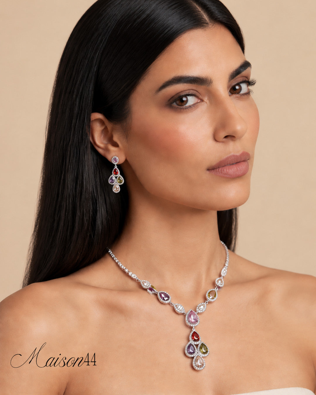 Silver Multicolour Crystal Teardrop Necklace