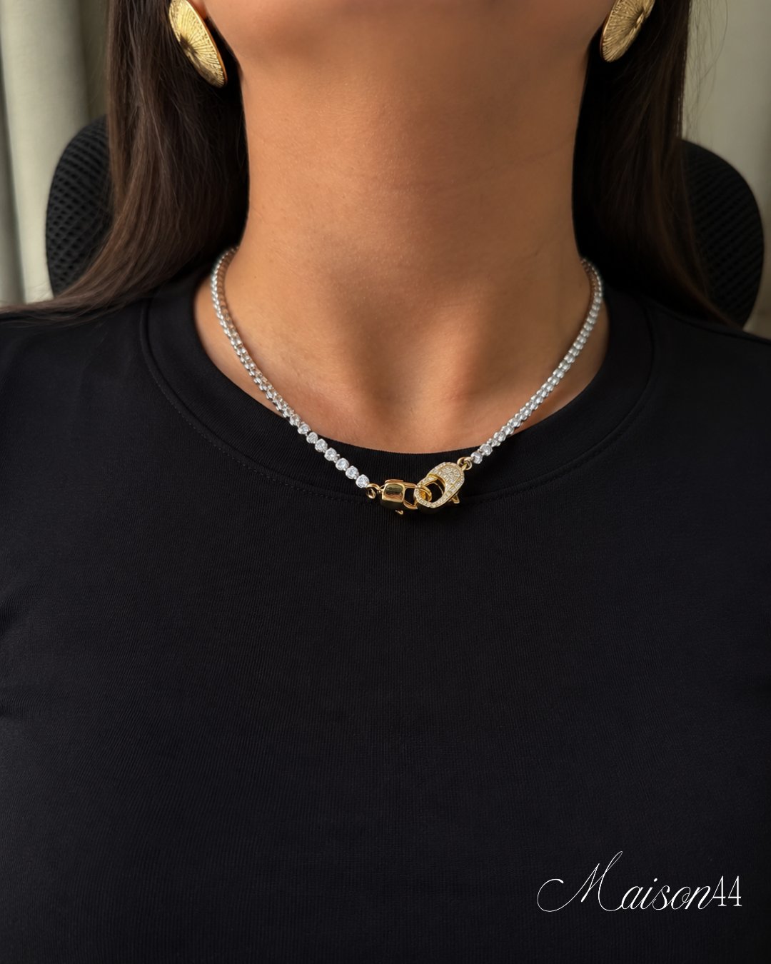 Silver Tennis Necklace, Gold Pavé Clasp
