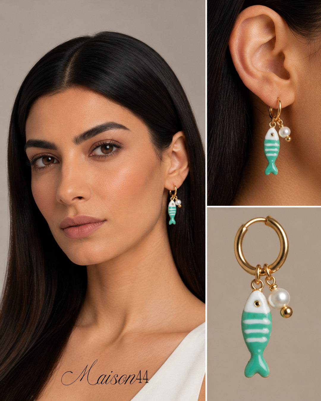 Turquoise Fish Charm Hoop Earrings, Pearl