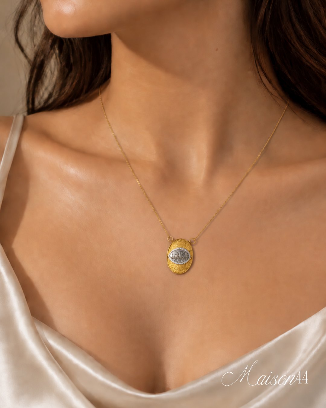 Two-Tone Oval Engraved Pendant Necklace